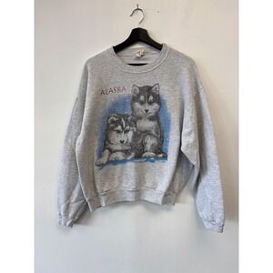 Vintage Alaska Sweatshirt Mens Medium Wolf Husky Puppies Pullover 90s 80s